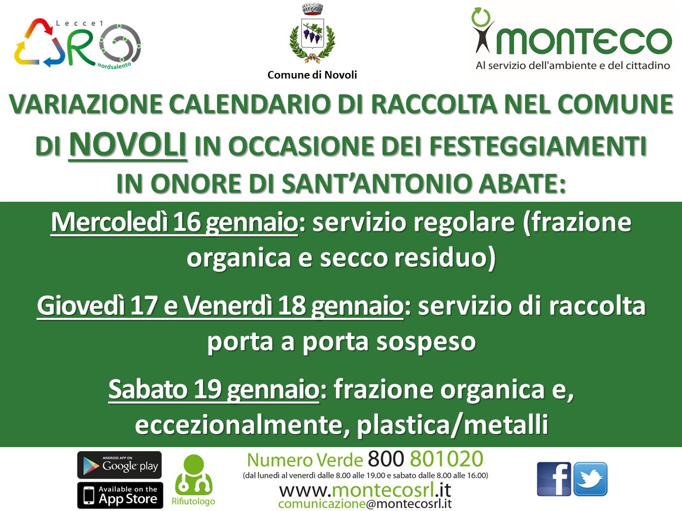 Novoli: variazione calendario di raccolta in occasione dei festeggiamenti in onore di Sant'Antonio Abate