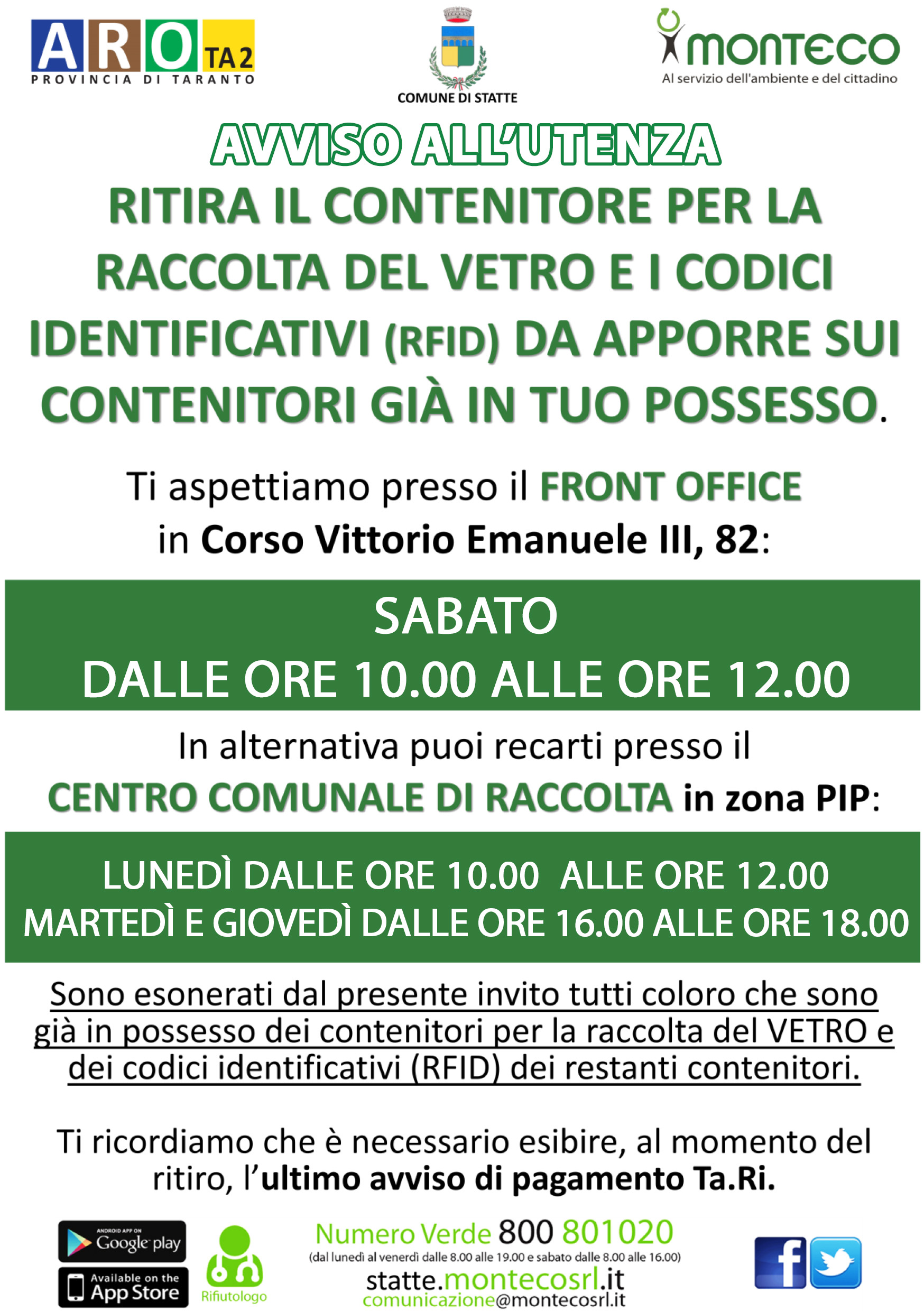 Statte Ritira il contenitore per la raccolta del #vetro e i codici identificativi Rfid da apporre sui contenitori già in possesso