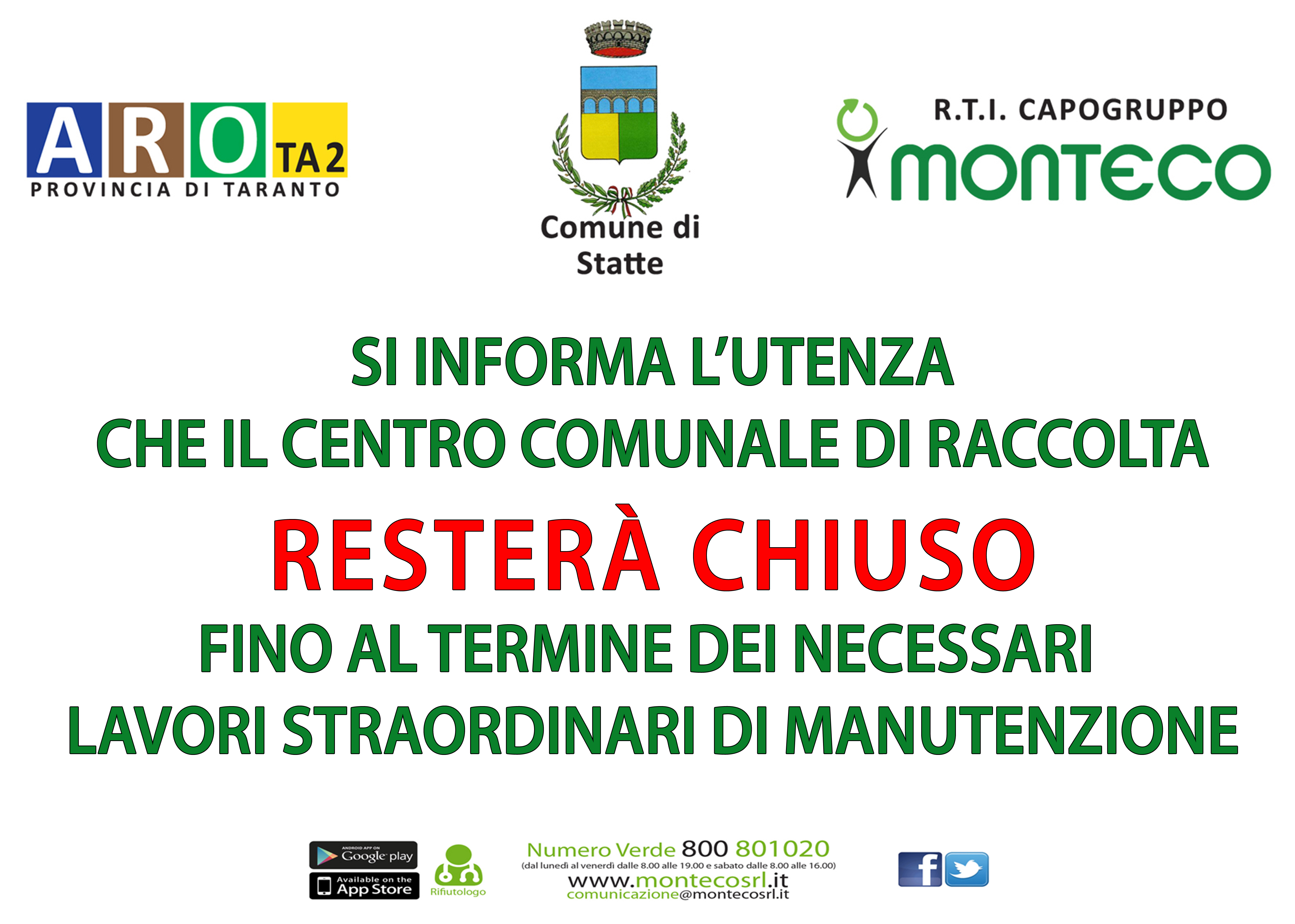 Statte. Chiusura straordinaria del Centro Comunale di Raccolta per lavori di manutenzione