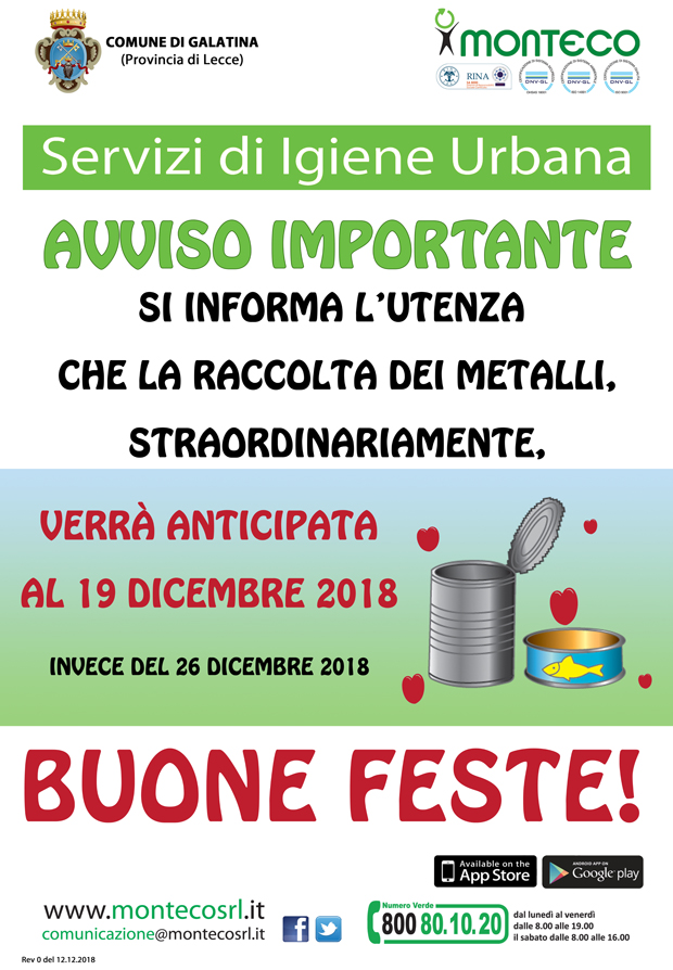 Galatina. Anticipo raccolta metalli al 19 dicembre invece del 26 dicembre 2018