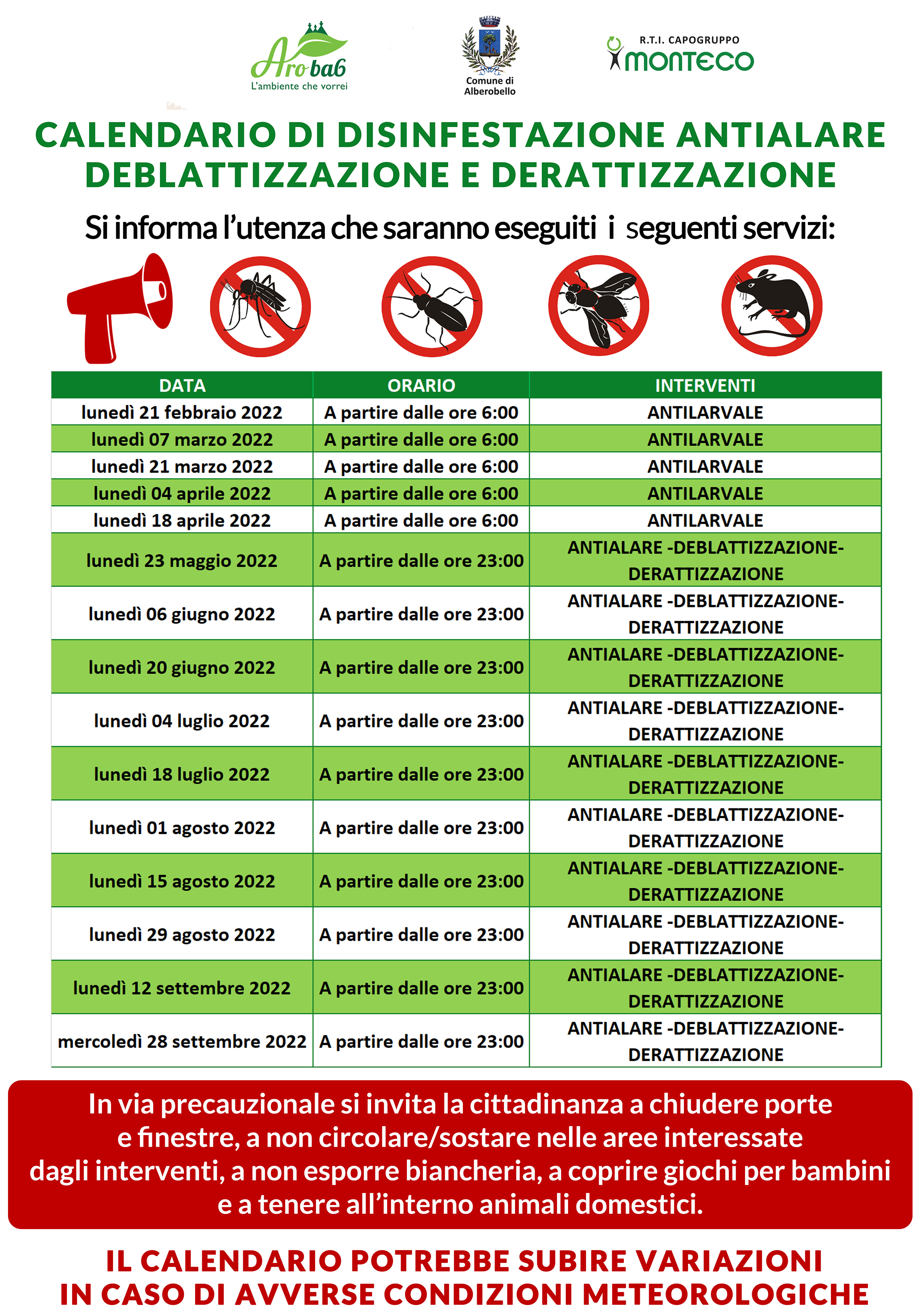 Alberobello. Calendario degli interventi di sanificazione ambientale per l’anno 2022