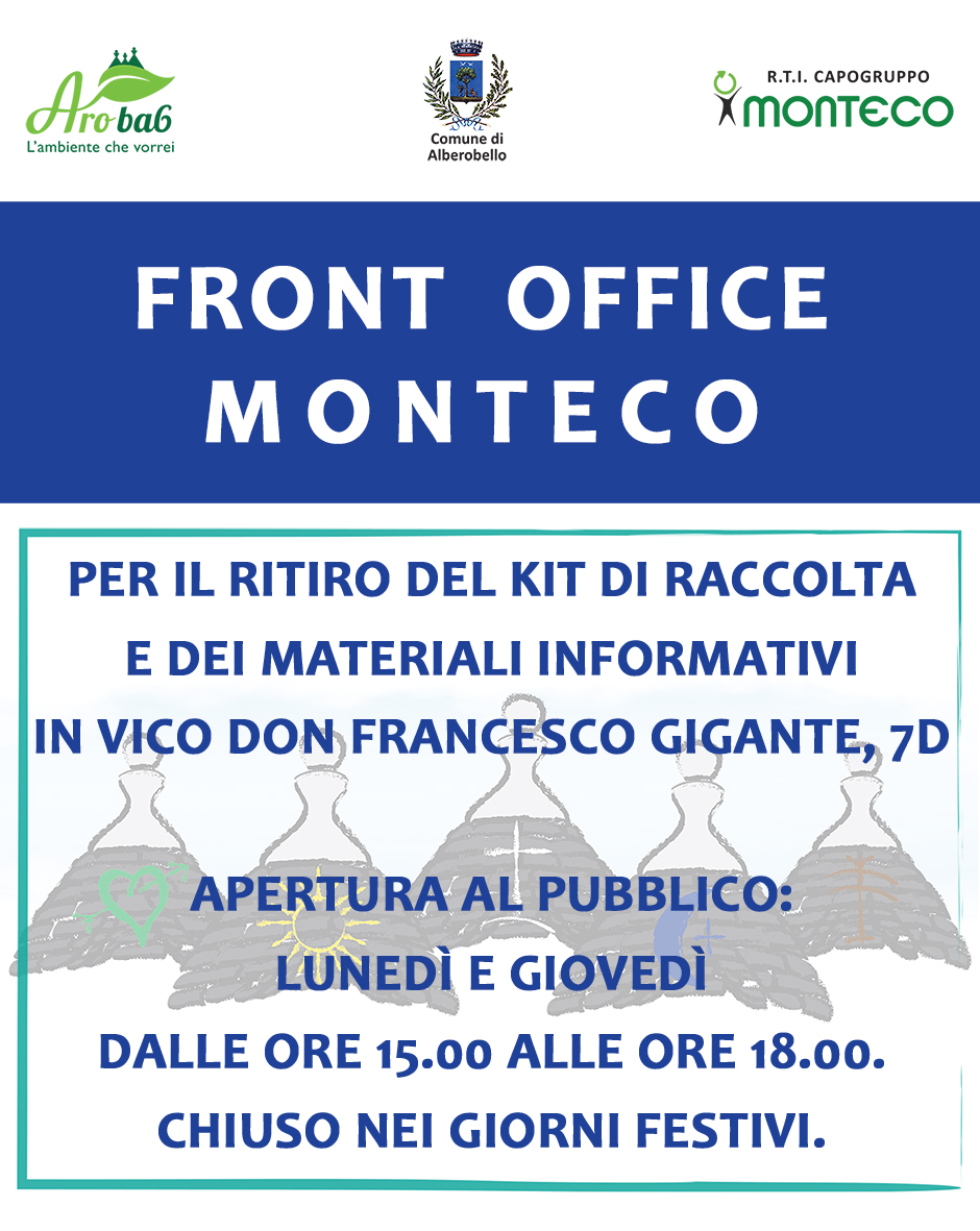 Alberobello. Dal 4 novembre 2021 il Front Office sarà spostato in  vico Don Francesco Gigante, 7D