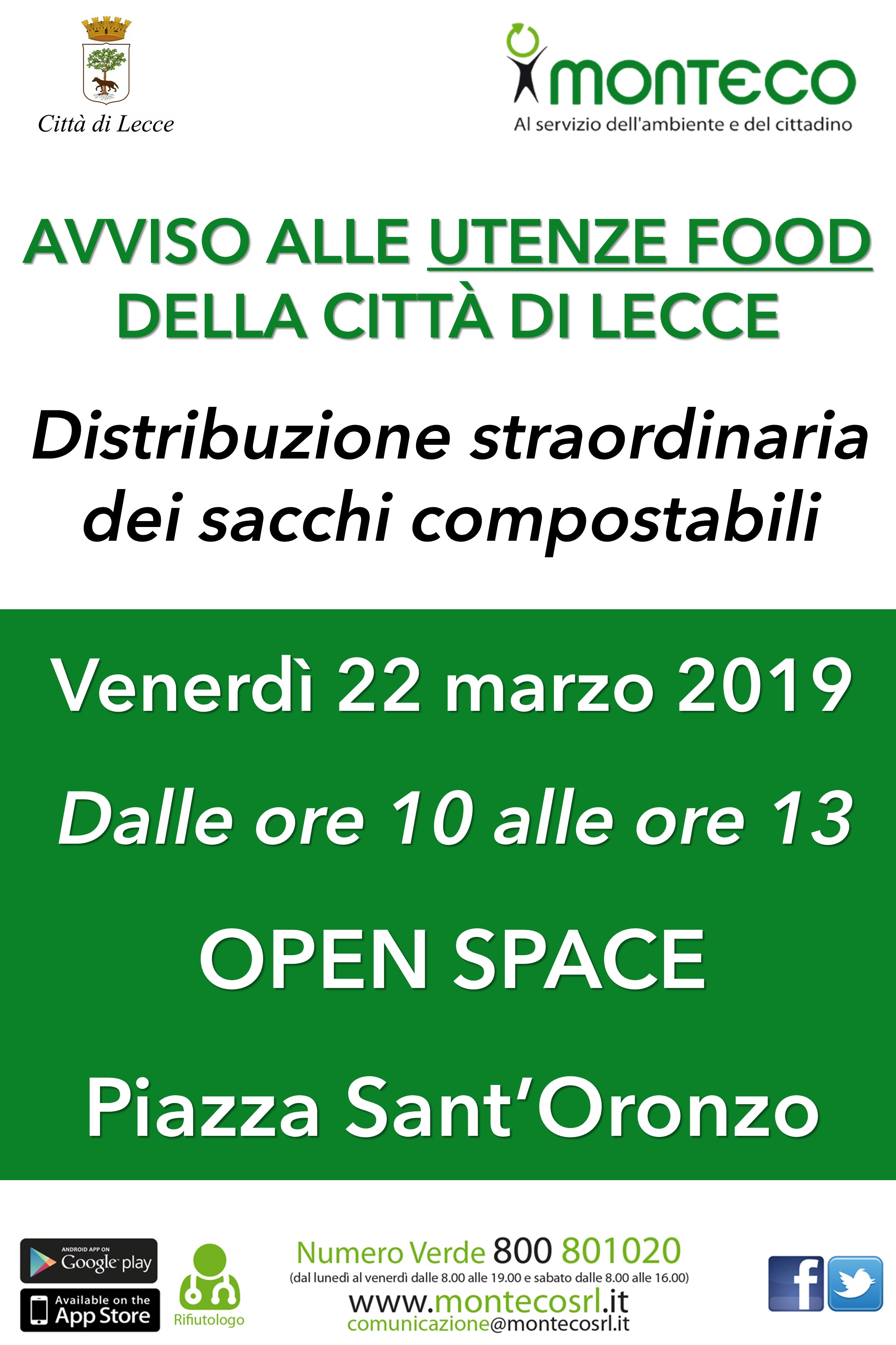 Lecce - Distribuzione straordinaria sacchi compostabili per le utenze food
